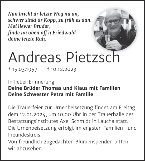 Traueranzeige von Andreas Pietzsch von Wochenspiegel Naumburg/Nebra