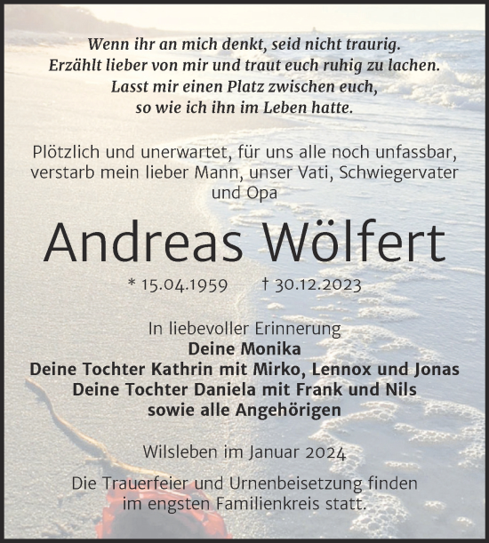 Traueranzeige von Andreas Wölfert von Trauerkombi Aschersleben