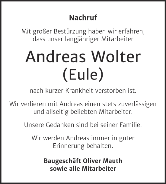 Traueranzeige von Andreas Wolter von Super Sonntag Köthen