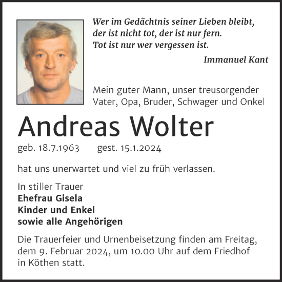 Traueranzeige von Andreas Wolter von Trauerkombi Köthen