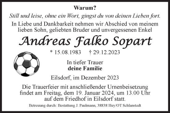 Traueranzeige von Andreas Falko Sopart von Volksstimme Halberstadt
