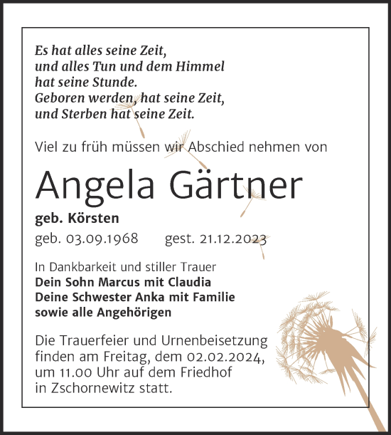 Traueranzeige von Angela Gärtner von Trauerkombi Wittenberg