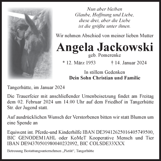 Traueranzeige von Angela Jackowski von Volksstimme Altmark Ost