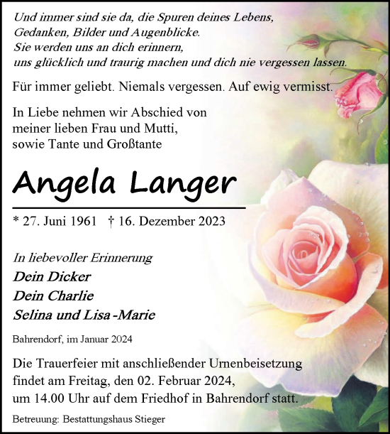 Traueranzeige von Angela Langer von Volksstimme Magdeburg