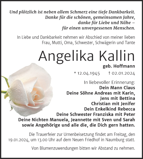 Traueranzeige von Angelika Kallin von Wochenspiegel Naumburg/Nebra
