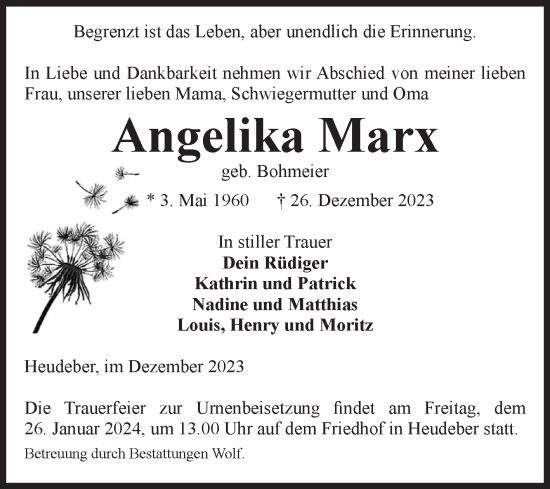 Traueranzeige von Angelika Marx von Volksstimme Wernigerode