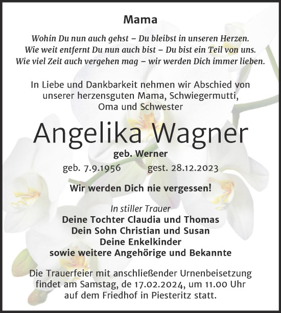 Traueranzeige von Angelika Wagner von Trauerkombi Wittenberg