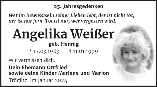 Traueranzeige von Angelika Weißer von Trauerkombi Zeitz