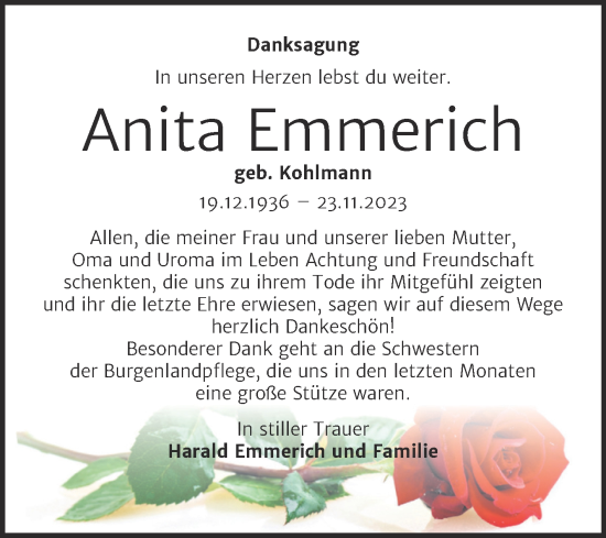 Traueranzeige von Anita Emmerich von Wochenspiegel Naumburg/Nebra