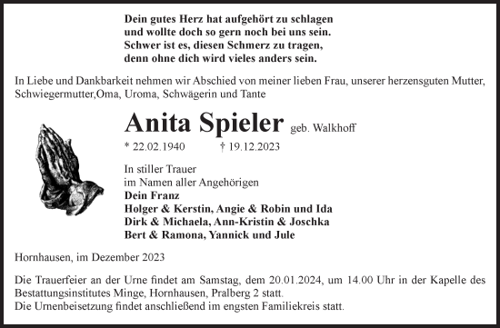 Traueranzeige von Anita Spieler von Volksstimme Oschersleben/Wanzleben