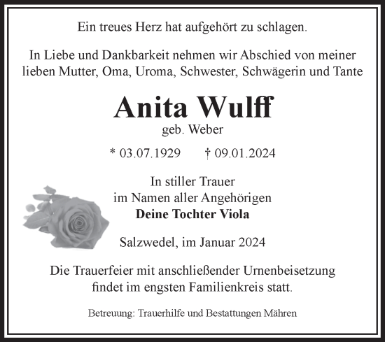 Traueranzeige von Anita Wulff von Volksstimme Altmark West