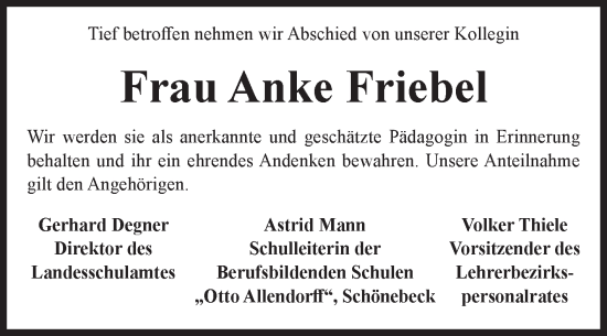 Traueranzeige von Anke Friebel von Volksstimme Schönebeck