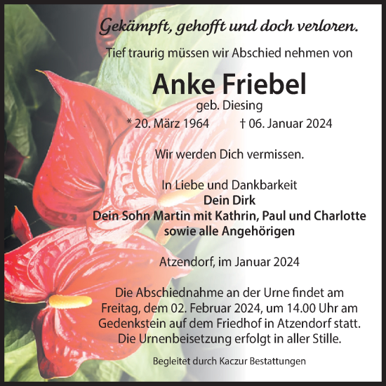 Traueranzeige von Anke Friebel von Volksstimme Staßfurt