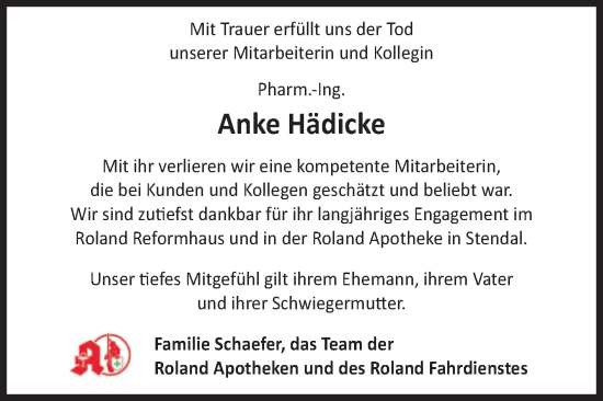Traueranzeige von Anke Hädicke 