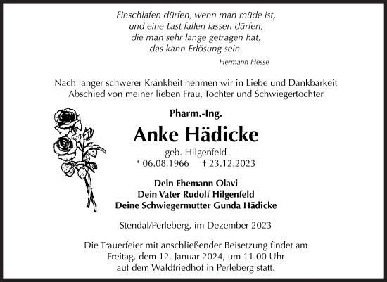 Traueranzeige von Anke Hädicke von Volksstimme Altmark Ost