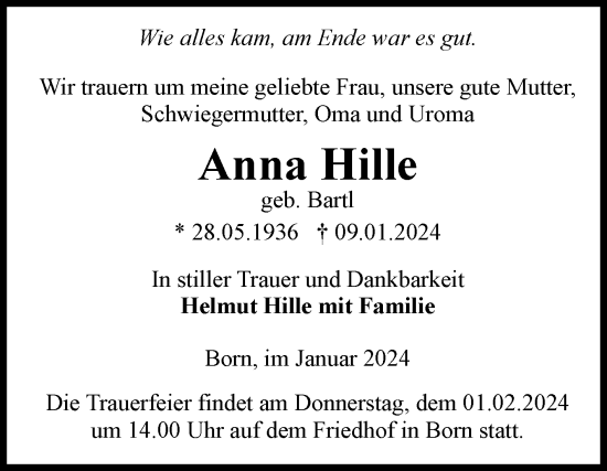 Traueranzeige von Anna Hille von Volksstimme Haldensleben/Wolmirstedt