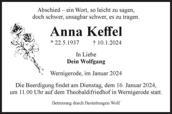 Traueranzeige von Anna Keffel von Volksstimme Wernigerode