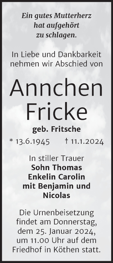 Traueranzeige von Annchen Fricke von Trauerkombi Köthen