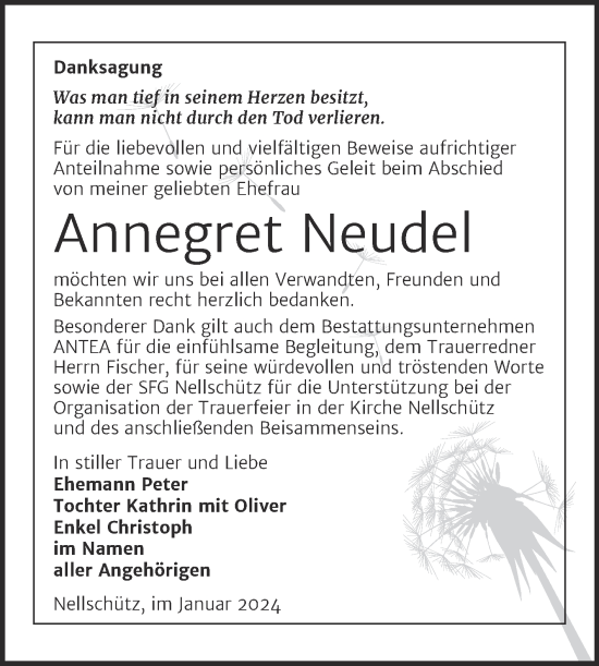 Traueranzeige von Annegret Neudel von Trauerkombi Weißenfels