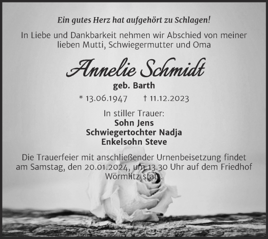 Traueranzeige von Annelie Schmidt von Mitteldeutsche Zeitung Halle/Saalkreis