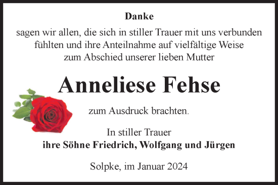 Traueranzeige von Anneliese Fehse von Volksstimme Altmark West