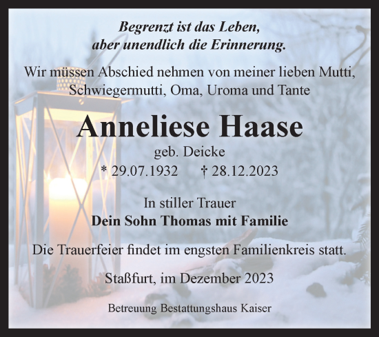 Traueranzeige von Anneliese Haase von Volksstimme Staßfurt