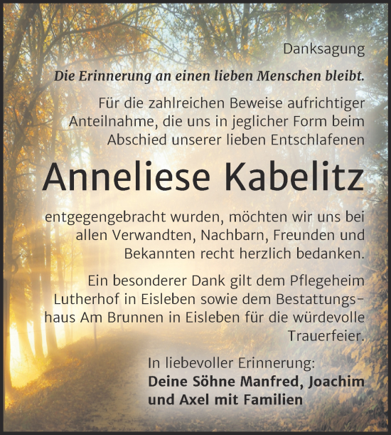 Traueranzeige von Anneliese Kabelitz von Trauerkombi Mansfelder Land