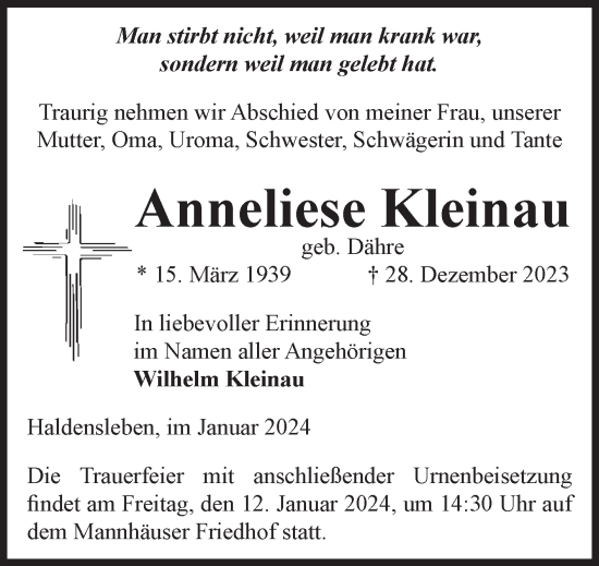 Traueranzeige von Anneliese Kleinau von Volksstimme Altmark West