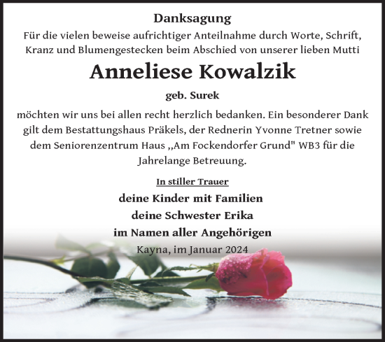 Traueranzeige von Anneliese Kowalzik von Trauerkombi Zeitz