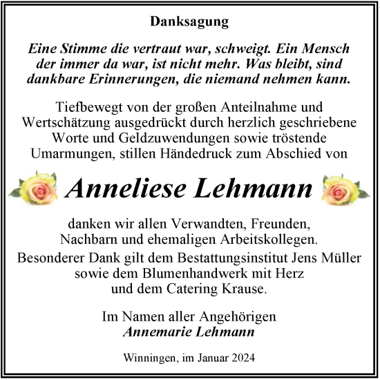 Traueranzeige von Anneliese Lehmann von Trauerkombi Aschersleben