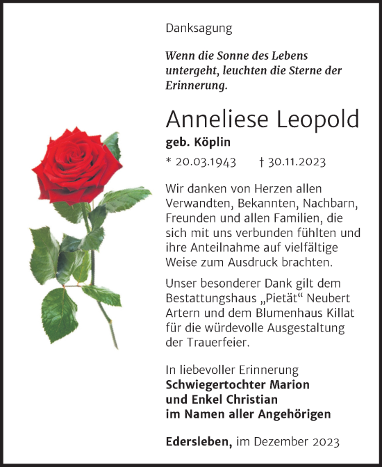 Traueranzeige von Anneliese Leopold von Trauerkombi Sangerhausen
