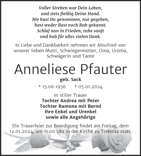 Traueranzeige von Anneliese Pfauter von Trauerkombi Weißenfels