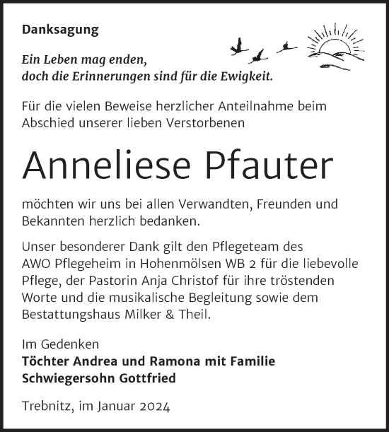 Traueranzeige von Anneliese Pfauter von Trauerkombi Weißenfels