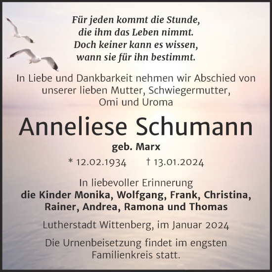 Traueranzeige von Anneliese Schumann von Trauerkombi Wittenberg