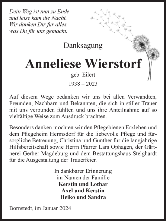 Traueranzeige von Anneliese Wierstorf von Volksstimme Haldensleben/Wolmirstedt