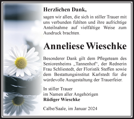 Traueranzeige von Anneliese Wieschke von Volksstimme Schönebeck