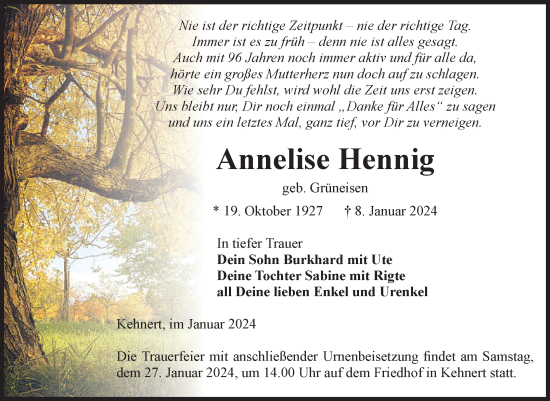 Traueranzeige von Annelise Hennig von Volksstimme Altmark Ost