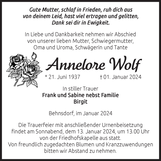 Traueranzeige von Annelore Wolf von Volksstimme Haldensleben/Wolmirstedt