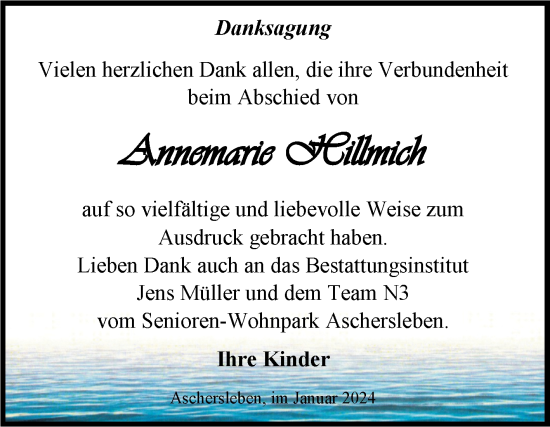 Traueranzeige von Annemarie Hillmich von Trauerkombi Aschersleben