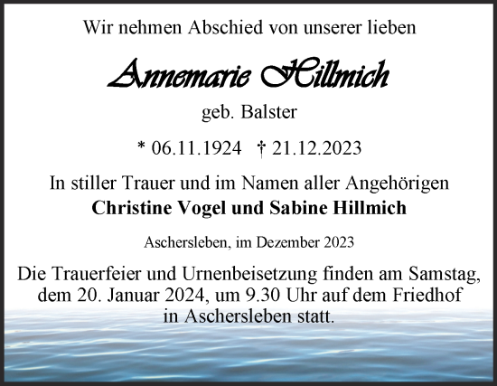 Traueranzeige von Annemarie Hillmich von Trauerkombi Aschersleben