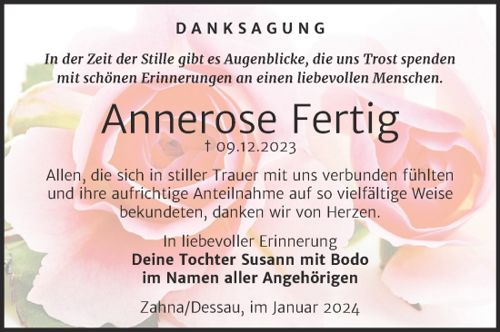 Traueranzeige von Annerose Fertig von Trauerkombi Wittenberg