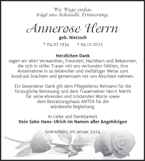 Traueranzeige von Annerose Herrn von Trauerkombi Weißenfels