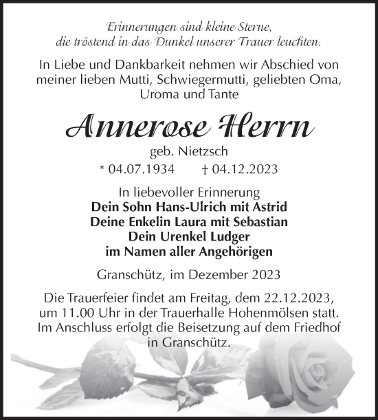 Traueranzeige von Annerose Herrn von Wochenspiegel Weißenfels