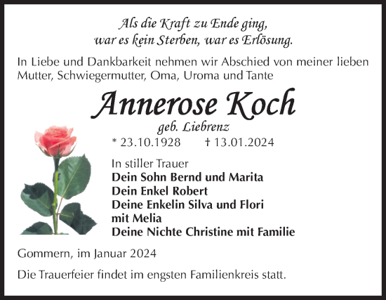 Traueranzeige von Annerose Koch von Volksstimme Burg/Genthin