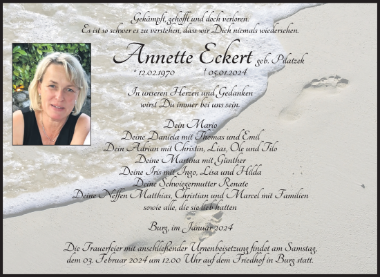 Traueranzeige von Annette Eckert von Volksstimme Burg/Genthin