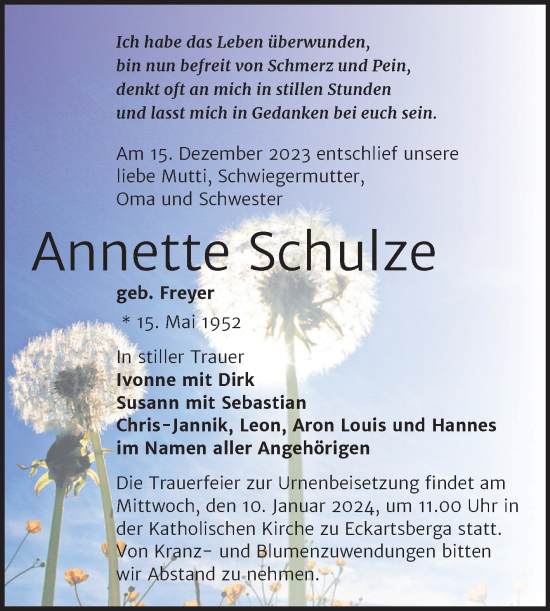 Traueranzeige von Annette Schulze von Super Sonntag Naumburg/Nebra