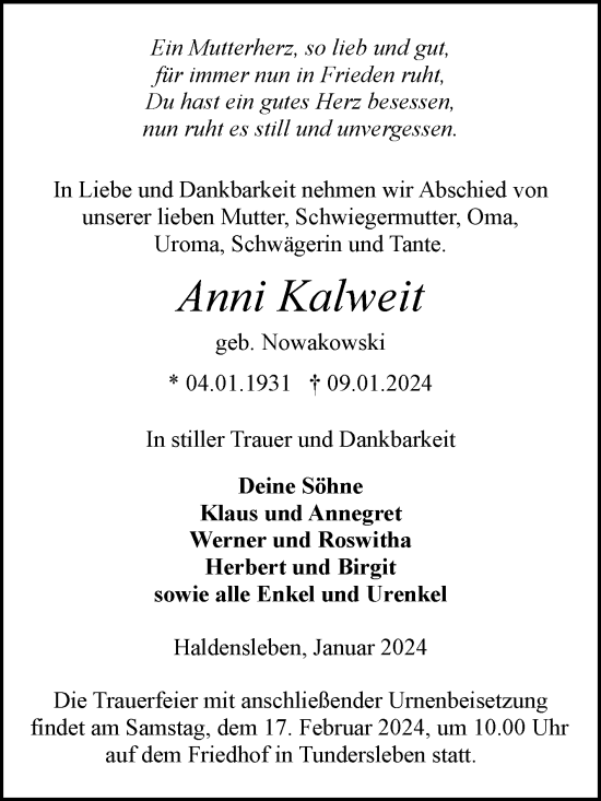 Traueranzeige von Anni Kalweit von Volksstimme Haldensleben/Wolmirstedt