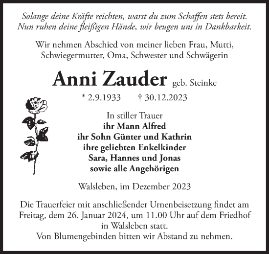 Traueranzeige von Anni Zauder von Volksstimme Altmark Ost