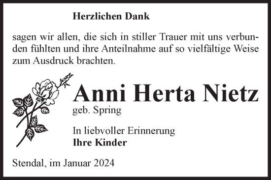 Traueranzeige von Anni Herta Nietz von Volksstimme Altmark Ost