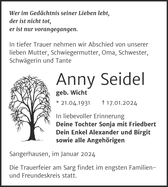 Traueranzeige von Anny Seidel von Mitteldeutsche Zeitung Sangerhausen